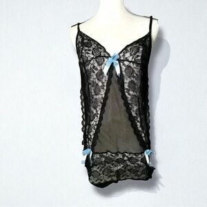 Black lace blue bow  coquette mini slip dress M